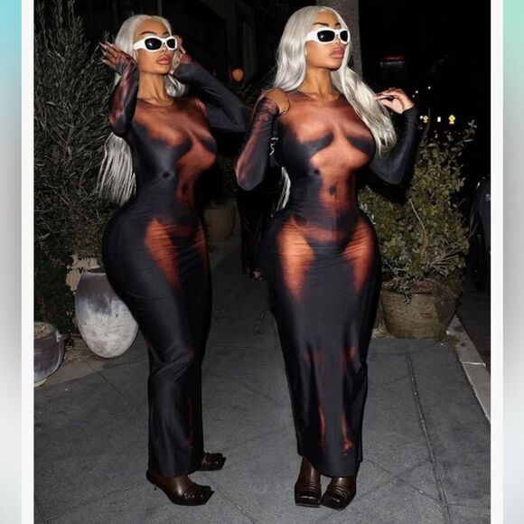 Y2K 3D Body Heat Print Long Sleeve Unique Body-Shaping Maxi Dress - Picture 2 of 9